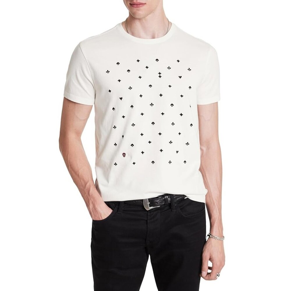John Varvatos Mens Crew T-Shirt 2XL Salt White Playing Card Suits Embroidered